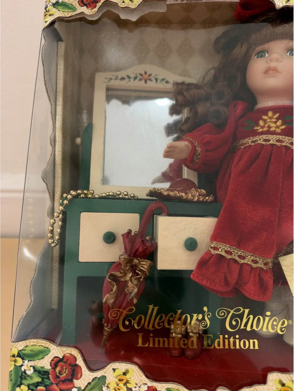 Collectors Choice Genuine Bisque Porcelain Doll With Wood Dressing Table W/COA